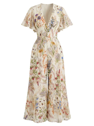 [Prevendita] Tuta Lunga Floreale Scollo a V in Chiffon Maniche a Farfalla - Multicolore Anni '50 2