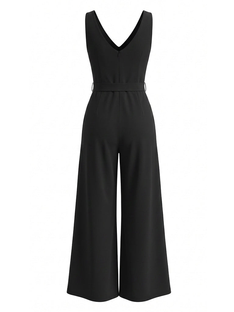 Black 1930s Halter V-Neck Belted Wide Leg Jumpsuit 7
