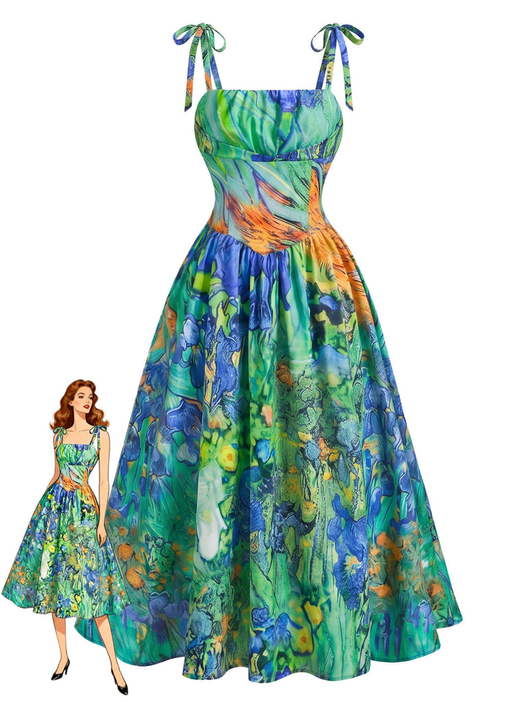 Abito con Spalline Sottili Stampa Pittura a Olio Floreale Verde Anni '50