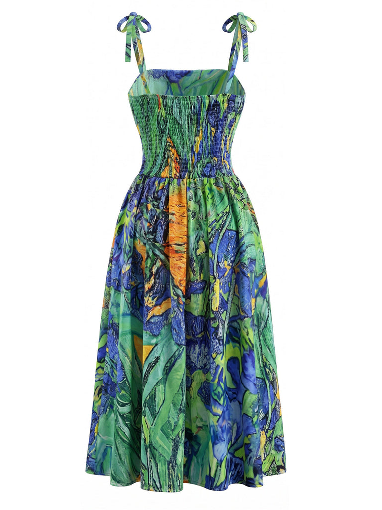 Abito con Spalline Sottili Stampa Pittura a Olio Floreale Verde Anni '50 3