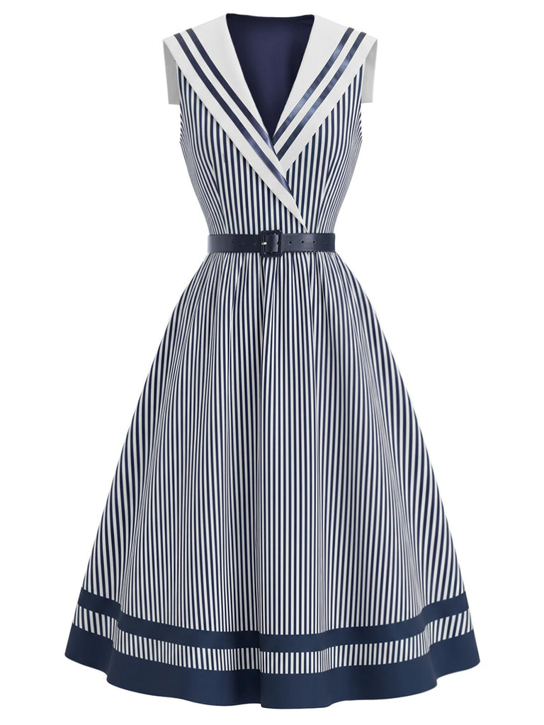 [Pre-Sale] Blue 1940s Striped V-Neck Dress 2