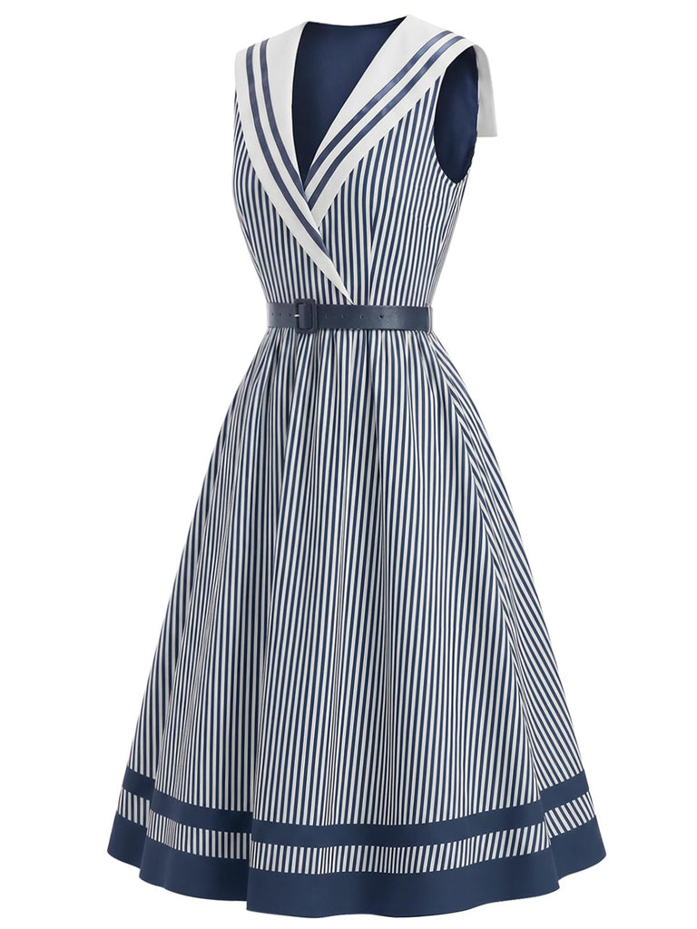 [Pre-Sale] Blue 1940s Striped V-Neck Dress 3