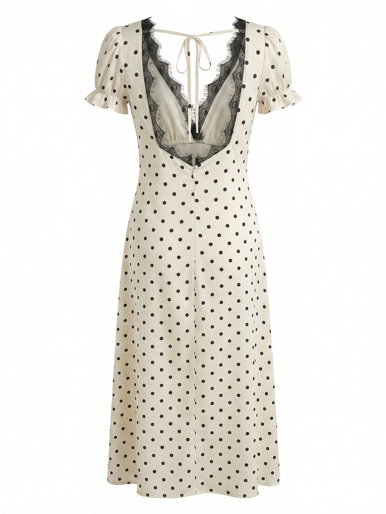 Apricot 1930s Polka Dot Lace V-Neck Dress 2