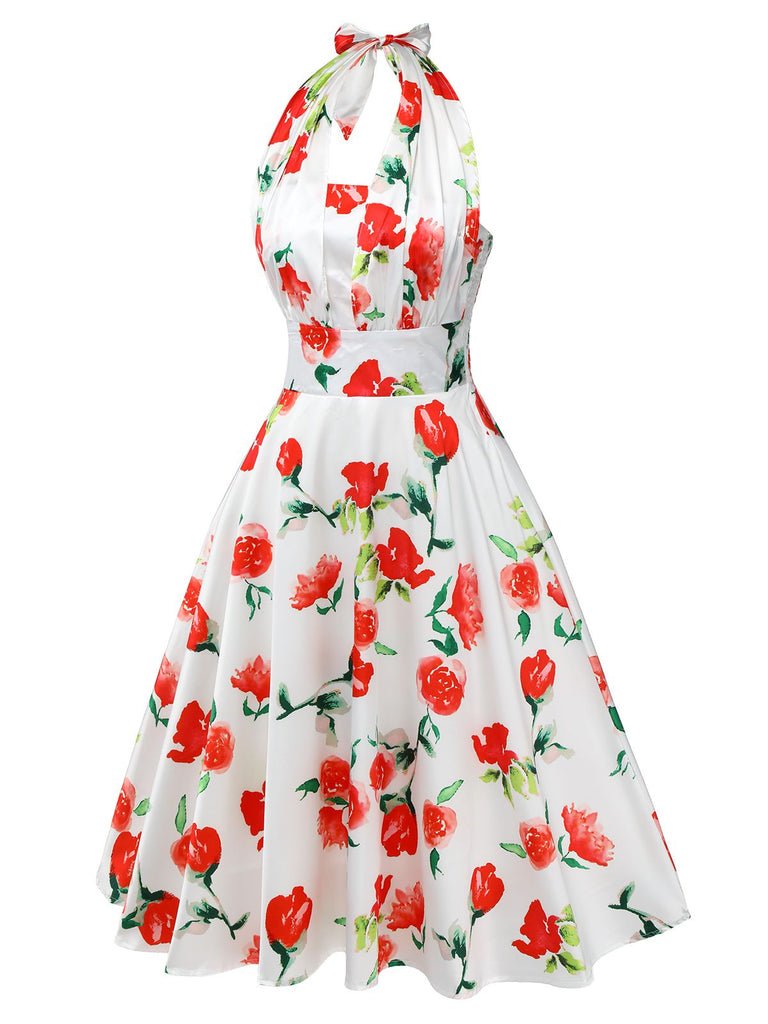 Abito rose acquerello scollo all'americana bianco anni '50