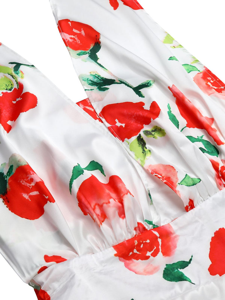 Abito rose acquerello scollo all'americana bianco anni '50