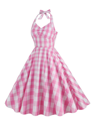 Abito a ruota plaid con scollo all'americana anni '50