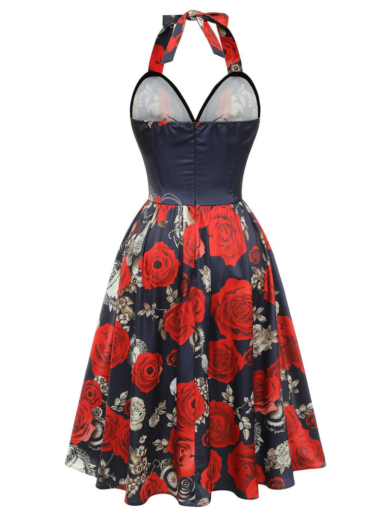 Abito rose e scheletro con scollo a cuore nero anni '50