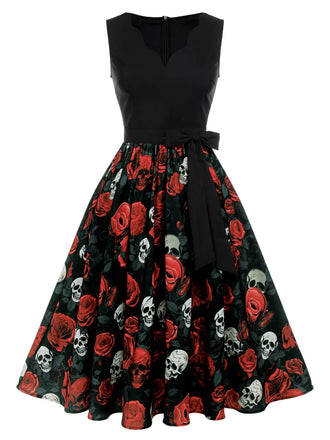 Abito teschio e rosa Halloween senza maniche nero anni '50