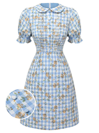 Abito plaid floreale con maniche a sbuffo blu anni '60