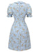 Abito plaid floreale con maniche a sbuffo blu anni '60