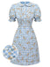 Abito plaid floreale con maniche a sbuffo blu anni '60
