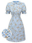 Abito plaid floreale con maniche a sbuffo blu anni '60