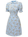 Abito plaid floreale con maniche a sbuffo blu anni '60