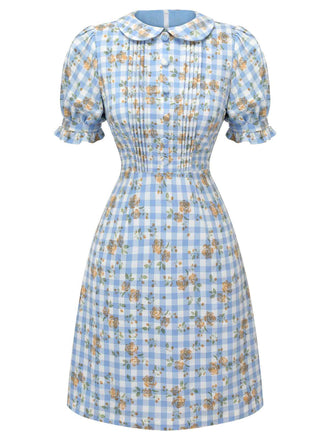Abito plaid floreale con maniche a sbuffo blu anni '60