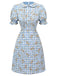 Abito plaid floreale con maniche a sbuffo blu anni '60