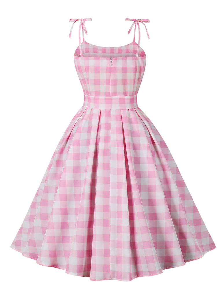Abito a ruota plaid spalline sottili rosa anni '50
