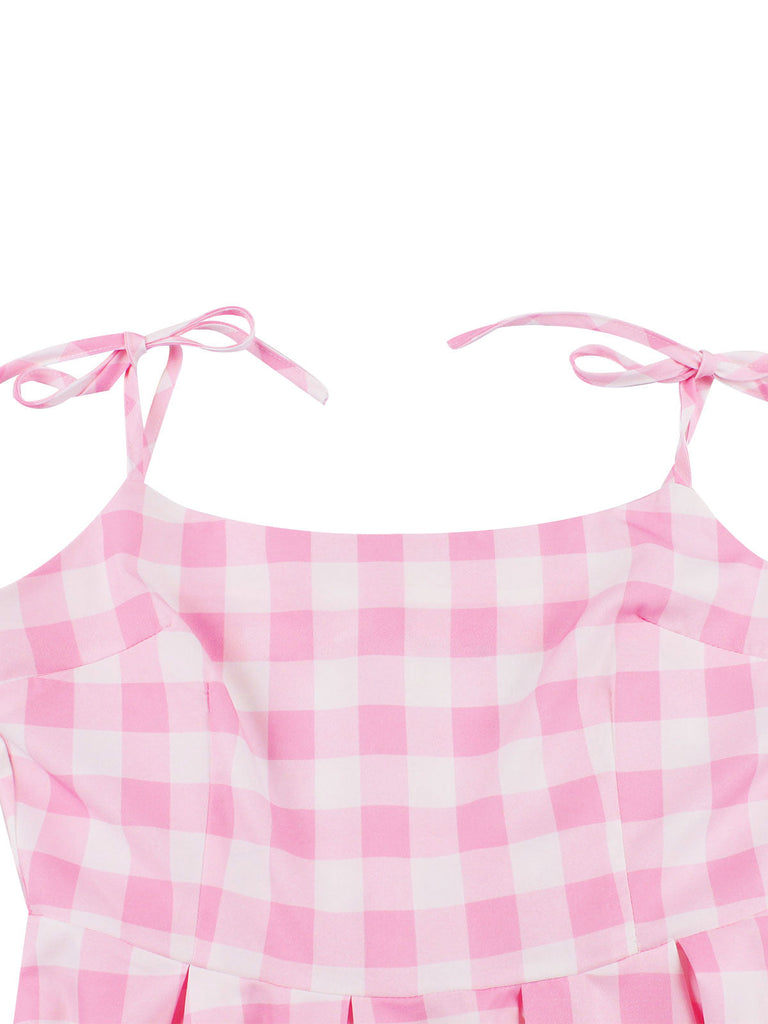 Abito a ruota plaid spalline sottili rosa anni '50