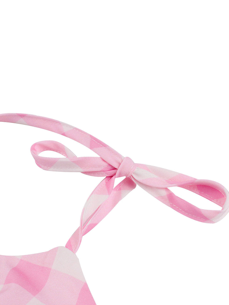 Abito a ruota plaid spalline sottili rosa anni '50