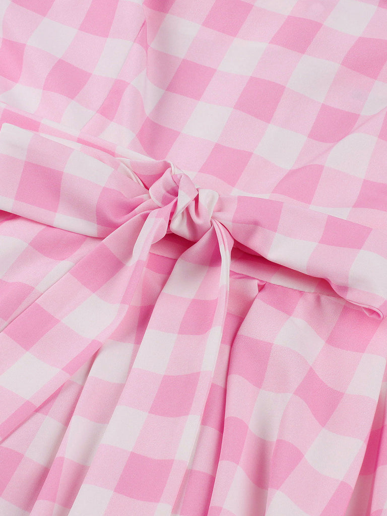 Abito a ruota plaid spalline sottili rosa anni '50