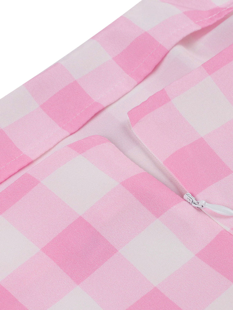 Abito a ruota plaid spalline sottili rosa anni '50