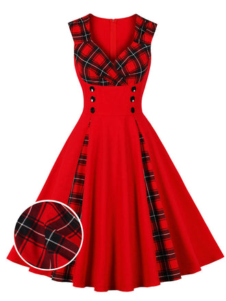Abito a quadri con scollo a V rosso e nero anni '50