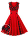 Abito a quadri con scollo a V rosso e nero anni '50