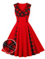 Abito a quadri con scollo a V rosso e nero anni '50