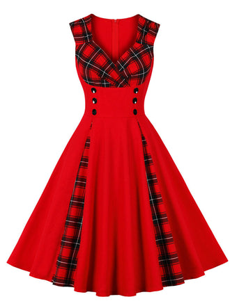 Abito a quadri con scollo a V rosso e nero anni '50