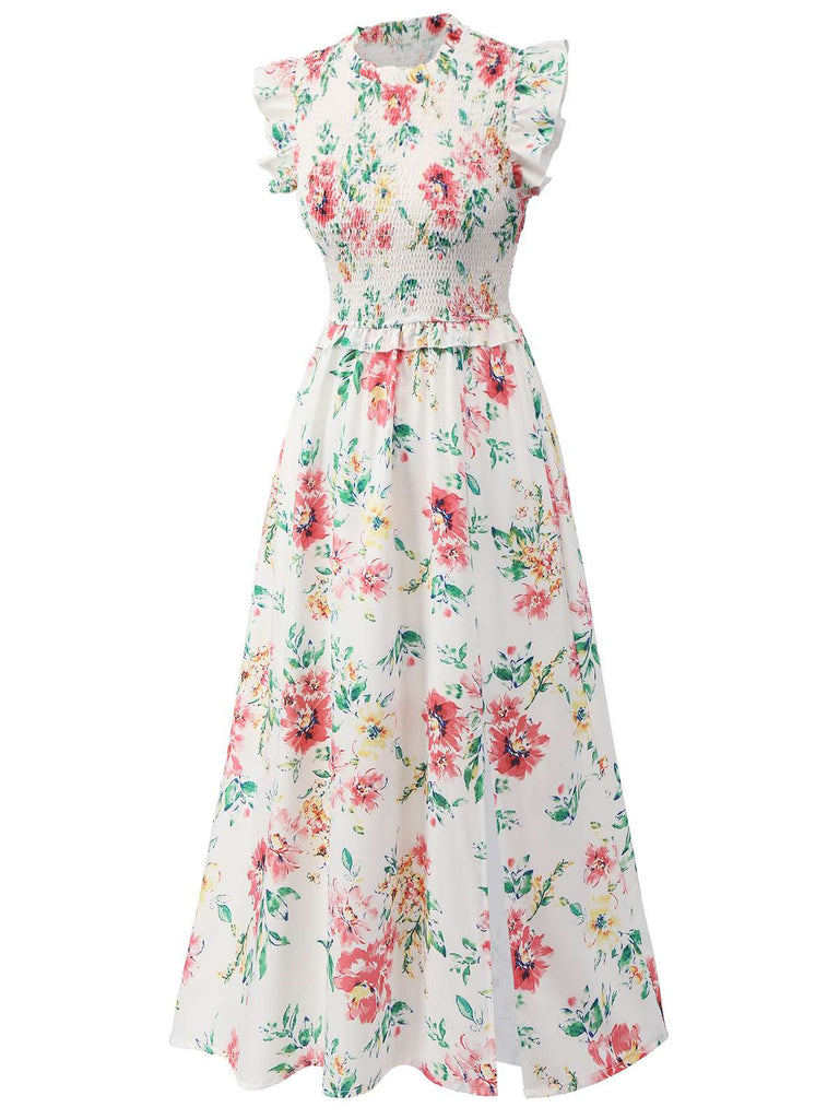 Abito con volant floreale senza maniche bianco anni '40