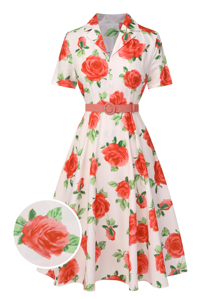 Abito a rose con revers cintura beige anni '50