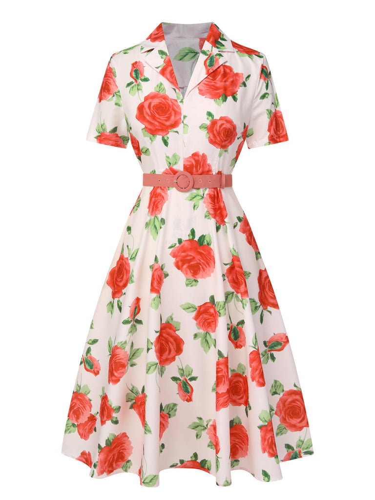 Abito a rose con revers cintura beige anni '50