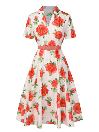 Abito a rose con revers cintura beige anni '50