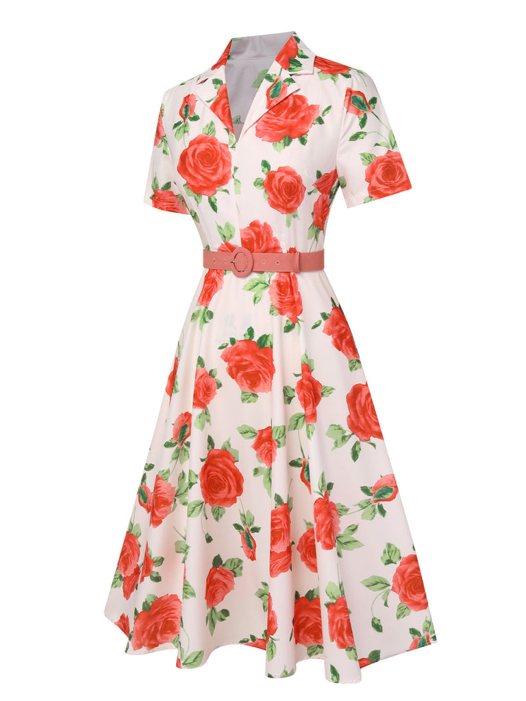 Abito a rose con revers cintura beige anni '50