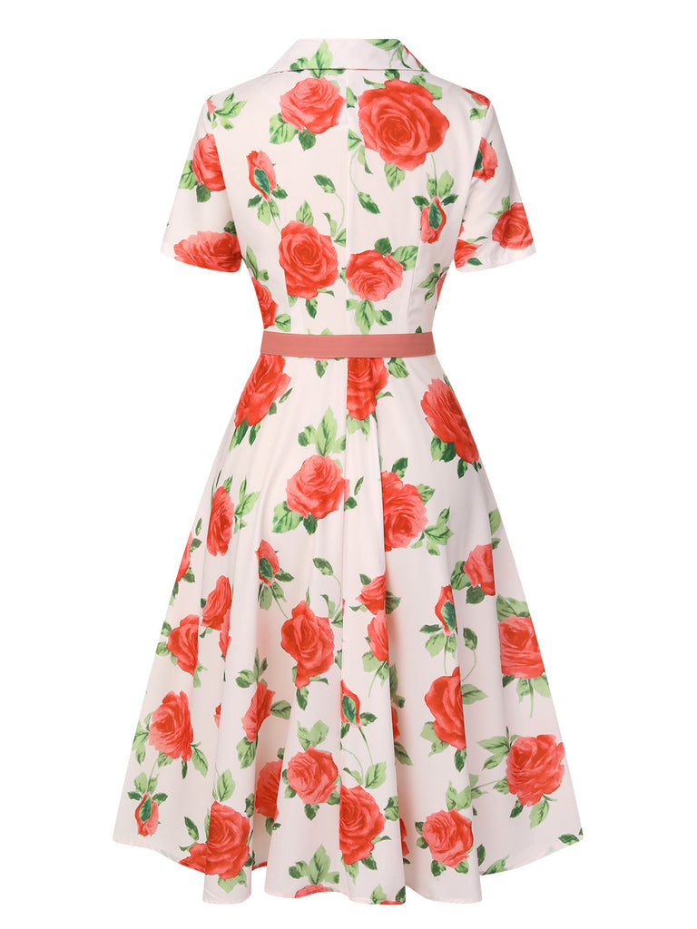 Abito a rose con revers cintura beige anni '50