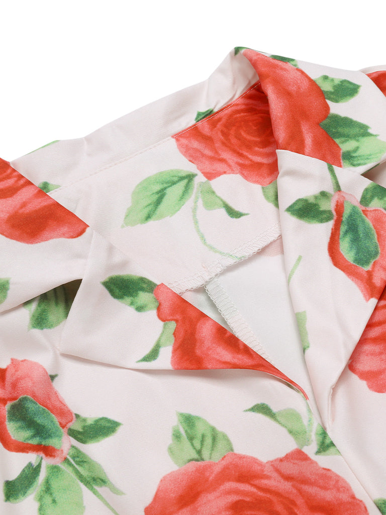 Abito a rose con revers cintura beige anni '50