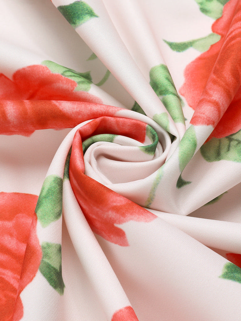 Abito a rose con revers cintura beige anni '50