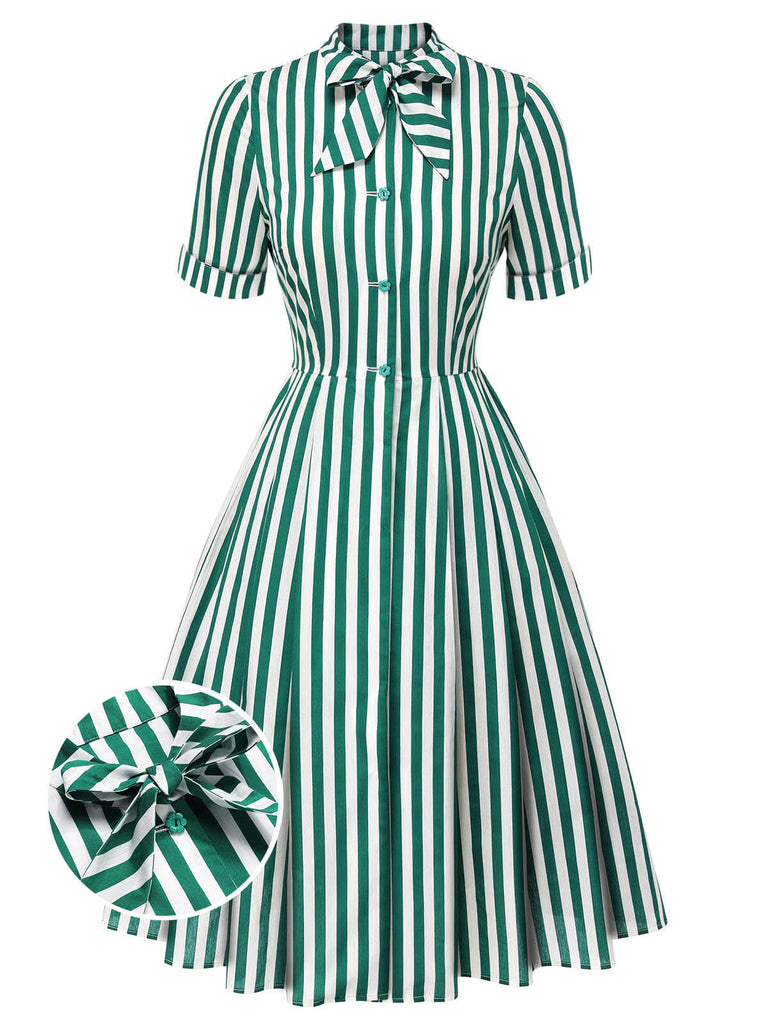 Abito a righe con collo annodato verde scuro anni '50