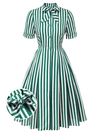 Abito a righe con collo annodato verde scuro anni '50