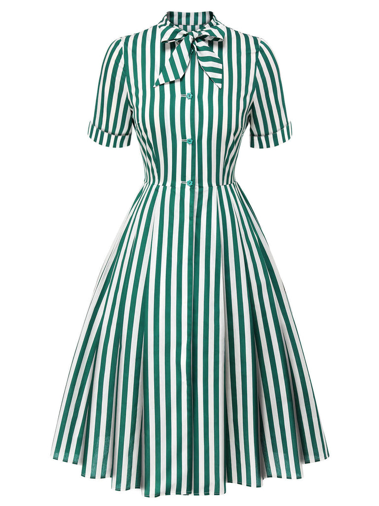 Abito a righe con collo annodato verde scuro anni '50
