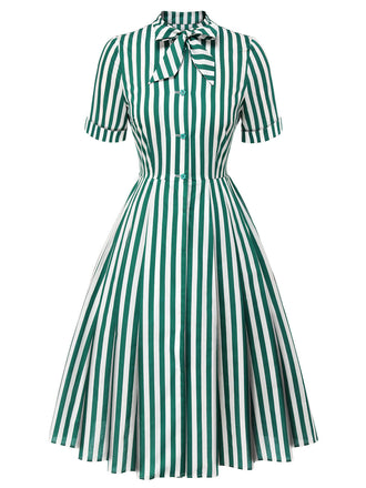 Abito a righe con collo annodato verde scuro anni '50