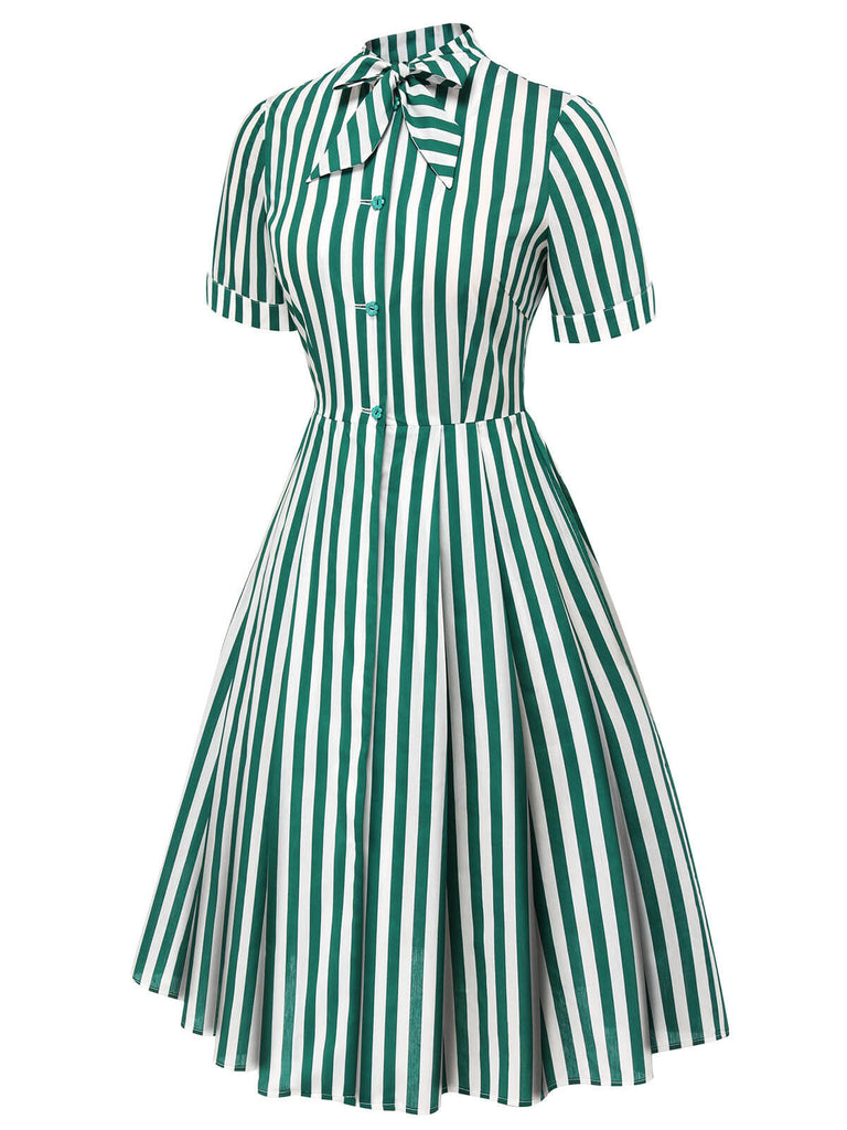 Abito a righe con collo annodato verde scuro anni '50