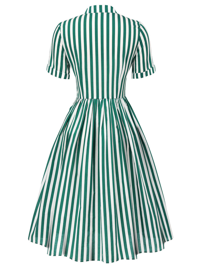 Abito a righe con collo annodato verde scuro anni '50