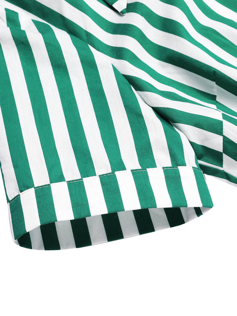 Abito a righe con collo annodato verde scuro anni '50