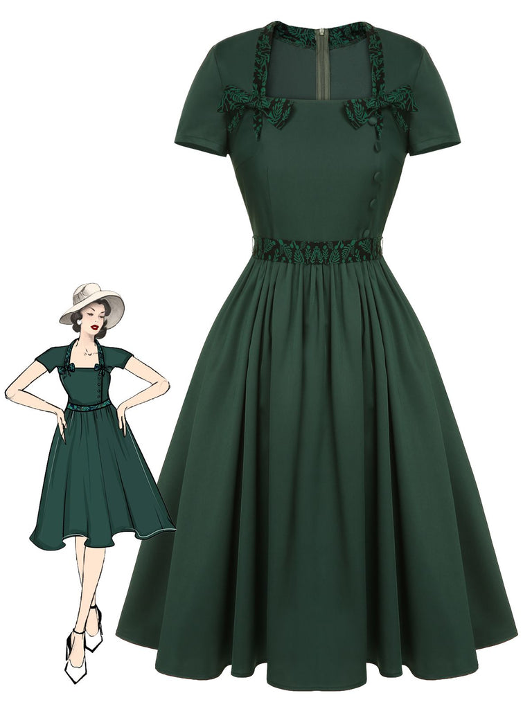 Abito con colletto quadrato e fiocco tinta unita verde anni '50