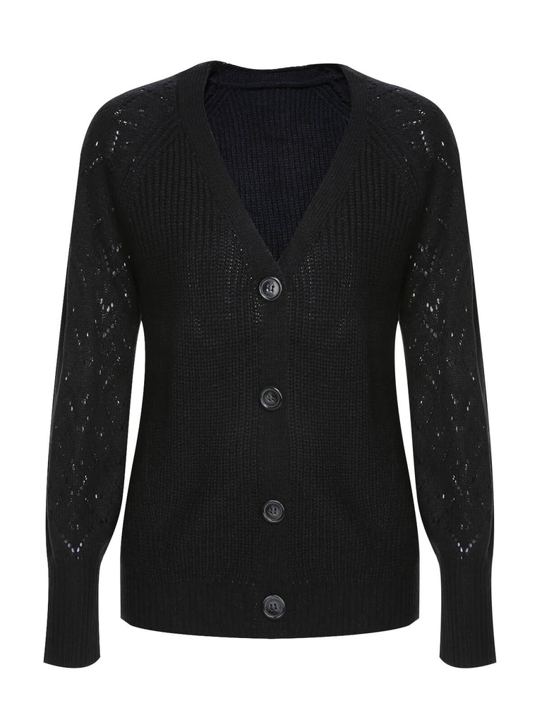 Maglione nero con scollo a V e bottoni anni '40