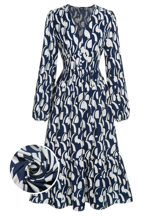 Abito stampa geometrica con scollo a V blu navy anni '30