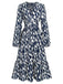 Abito stampa geometrica con scollo a V blu navy anni '30