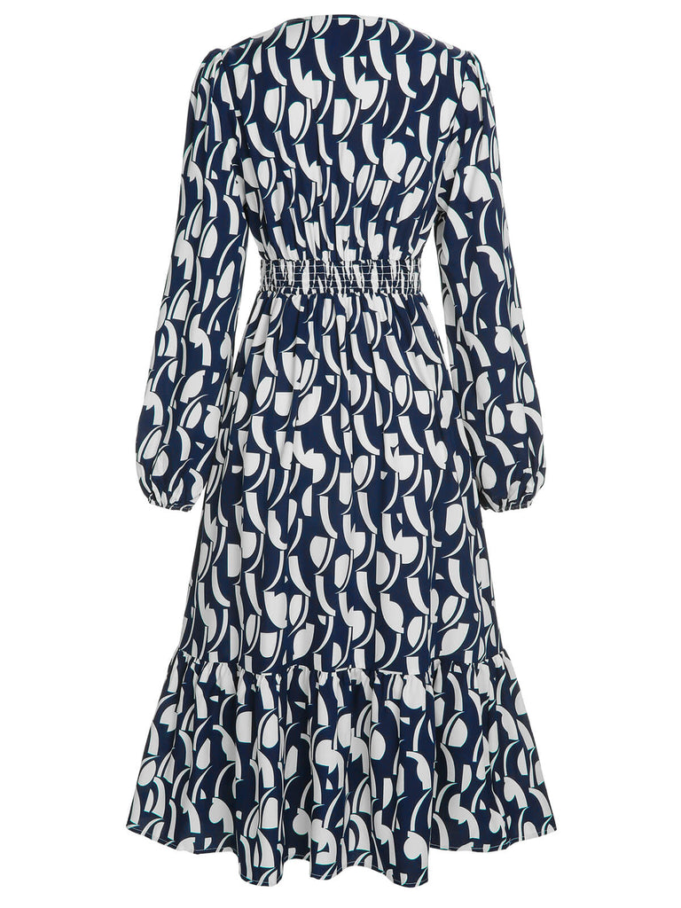 Abito stampa geometrica con scollo a V blu navy anni '30