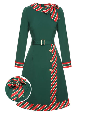 Abito a righe patchwork con cintura verde anni '40