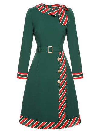 Abito a righe patchwork con cintura verde anni '40